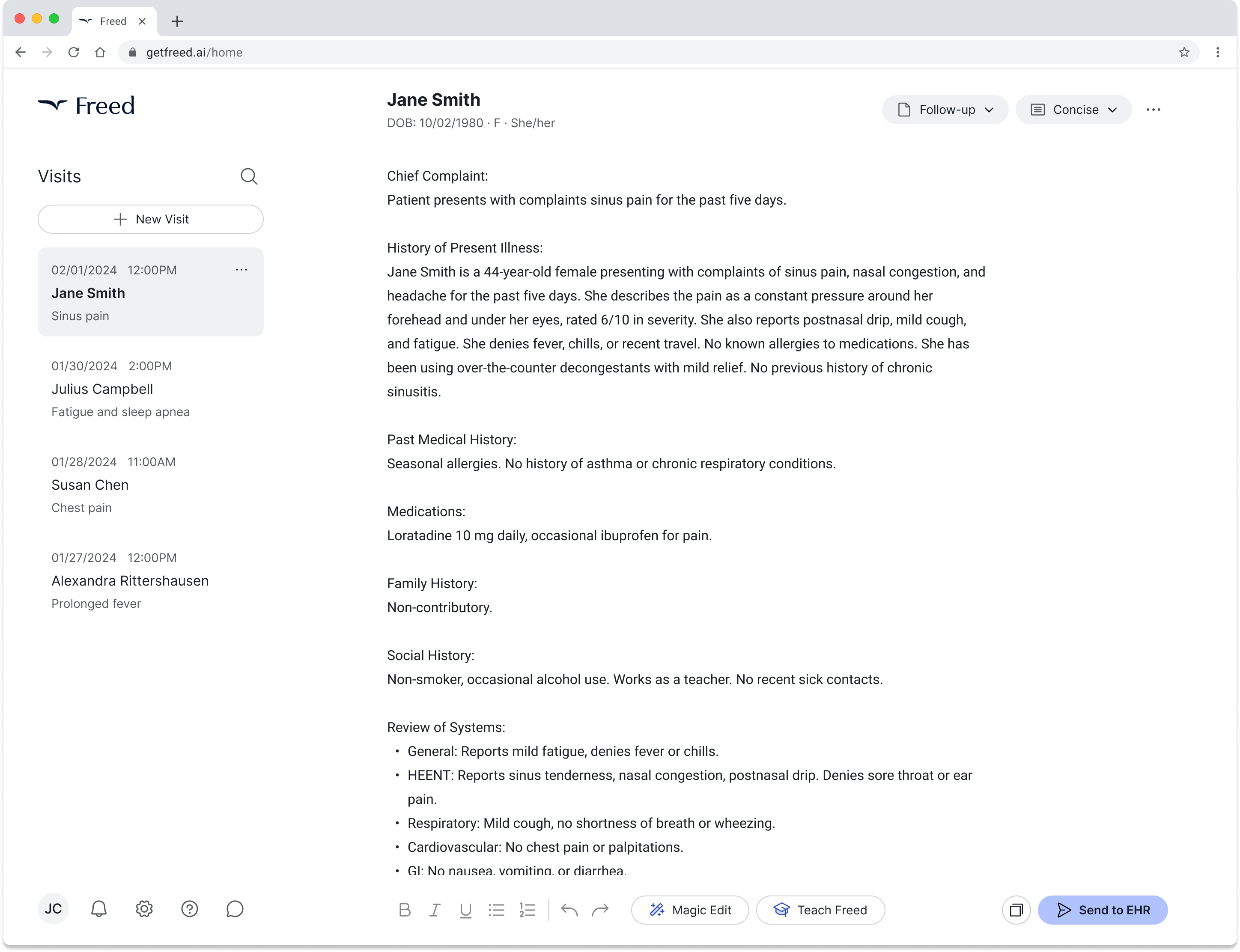 Freed AI Medical Scribe Interface
